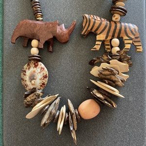 Vintage Wooden African Animals Statement Necklace